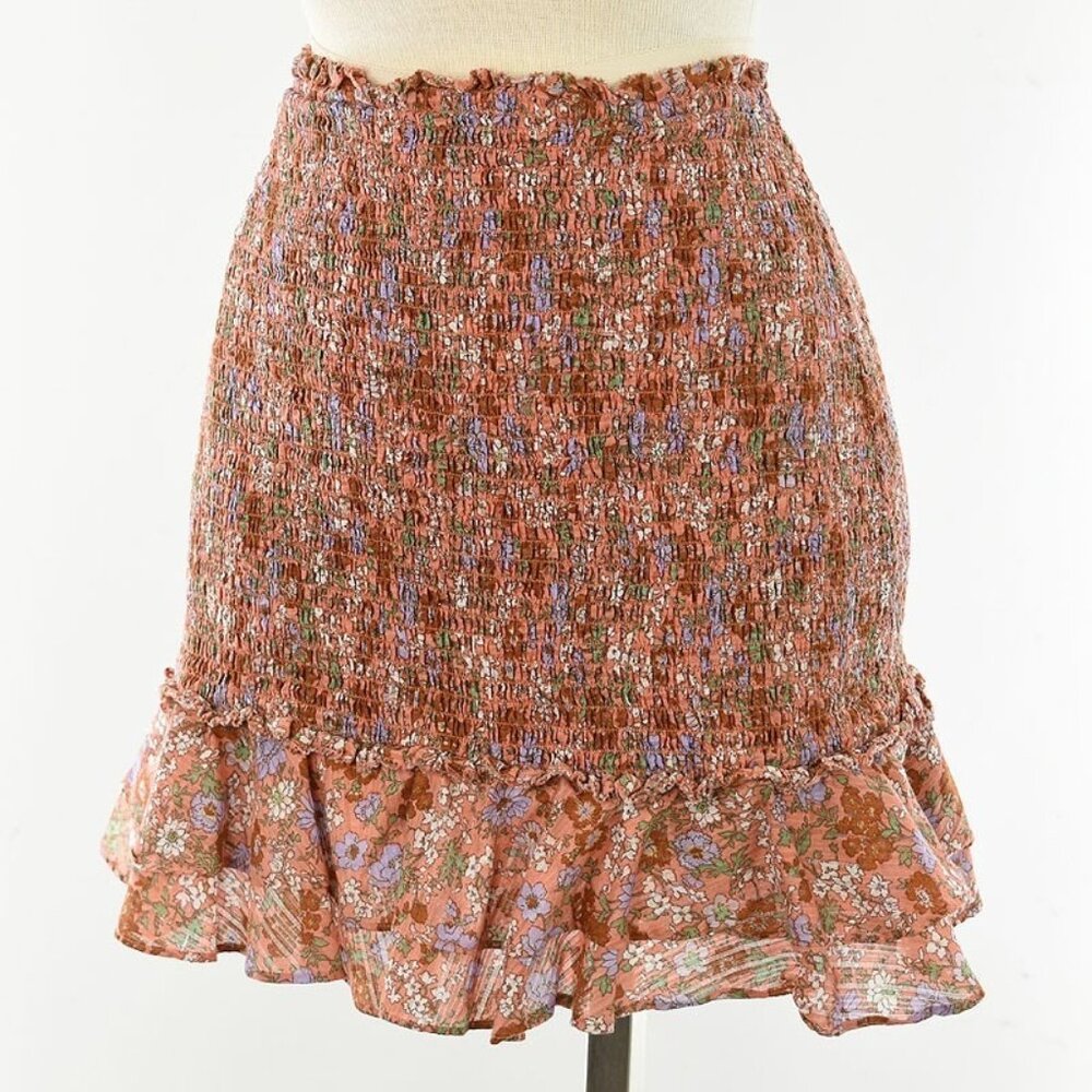 VERONICA BEARD Coral Floral MELODIE Smocked Ruffle Hem Cotton Skirt 6 NWT
